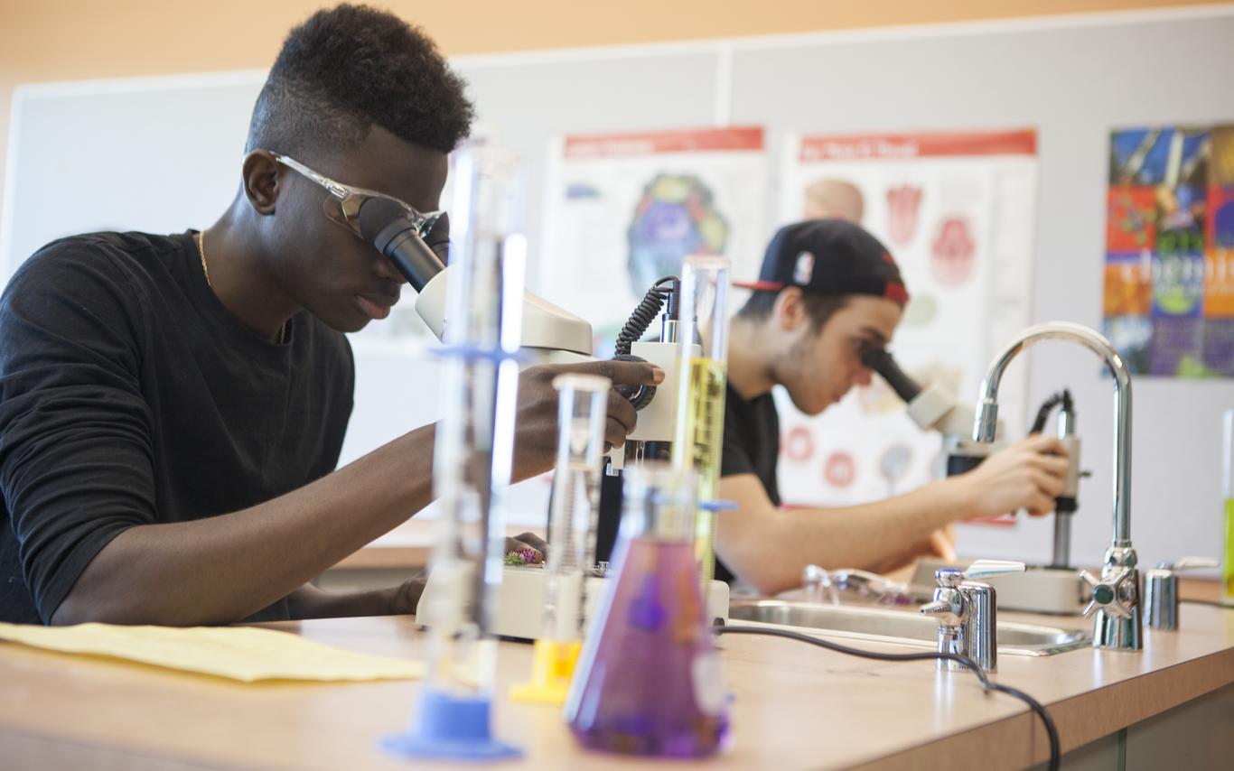 students and microscopes